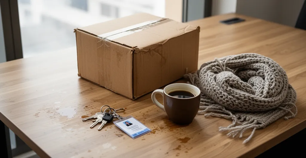 Bureau partiellement vidé avec carton de déménagement symbolisant un départ précipité après recrutement échoué