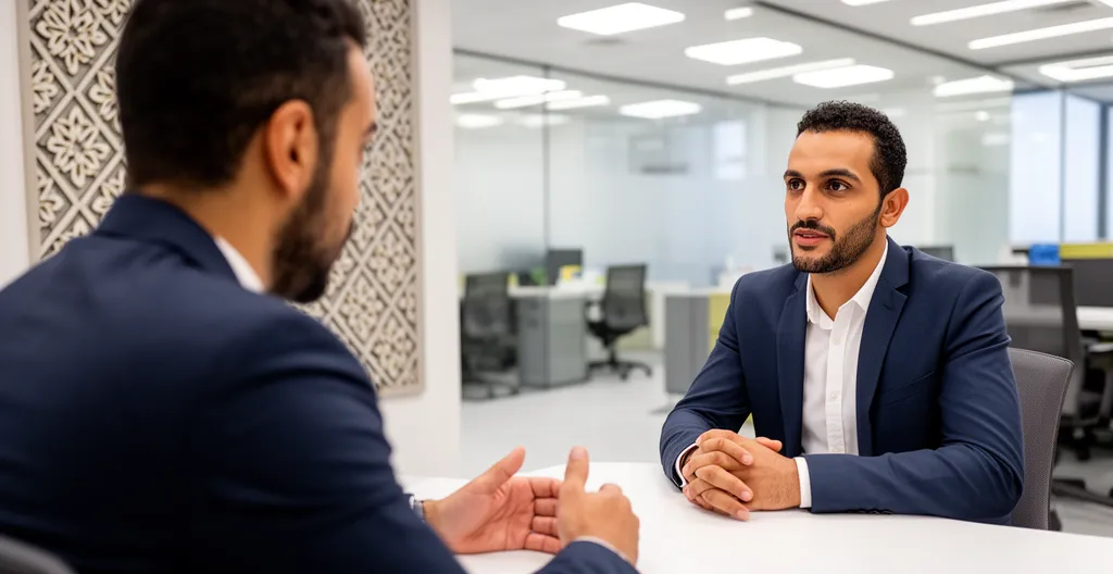 Scène d'entretien de recrutement dans un bureau moderne à Casablanca avec recruteur nord-africain