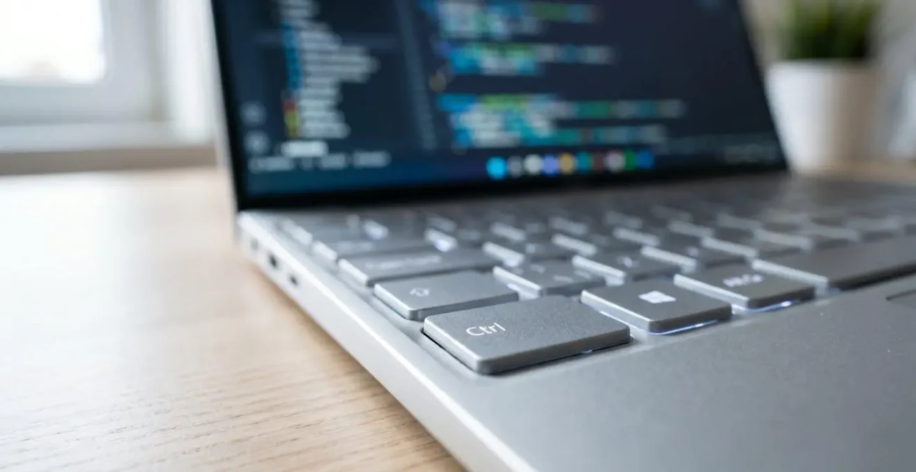 Gros plan sur un clavier d'ordinateur moderne avec un écran flou affichant du code en arrière-plan