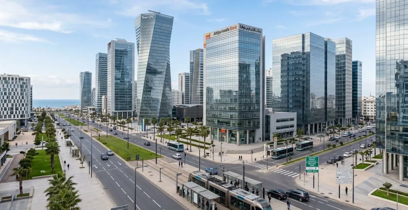 Vue architecturale contemporaine du quartier d'affaires de Casablanca avec ses tours de bureaux modernes sous un ciel lumineux