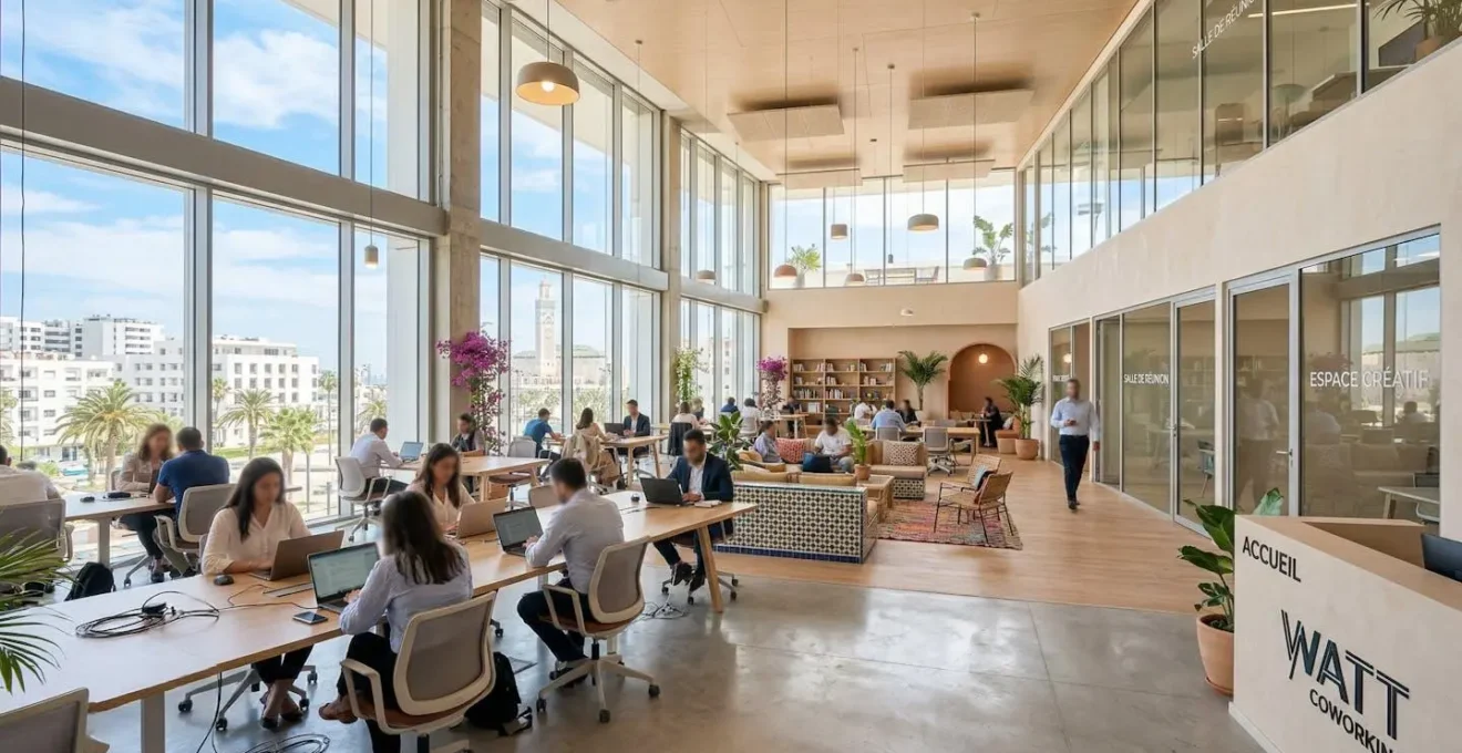 Vue large d'un espace de coworking contemporain à Casablanca avec baies vitrées et lumière naturelle abondante
