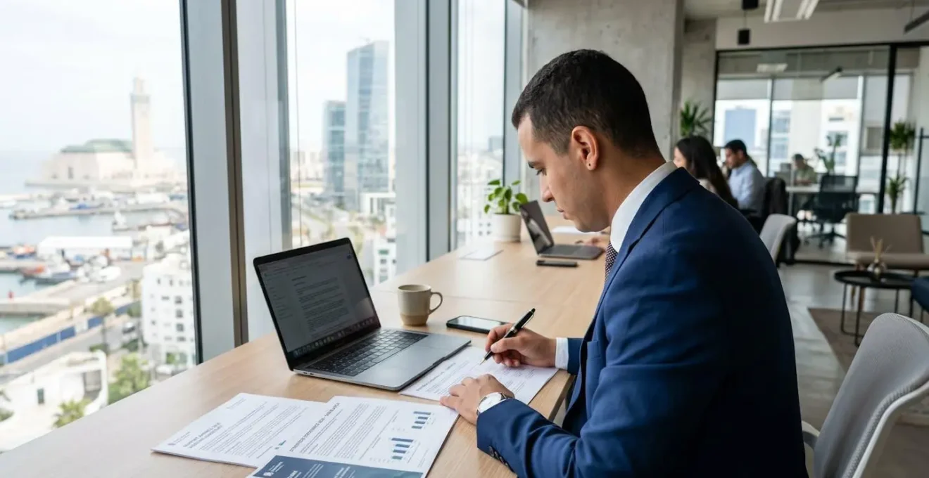 Un professionnel marocain consulte des documents dans un bureau contemporain lumineux à Casablanca
