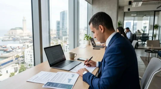 Un professionnel marocain consulte des documents dans un bureau contemporain lumineux à Casablanca