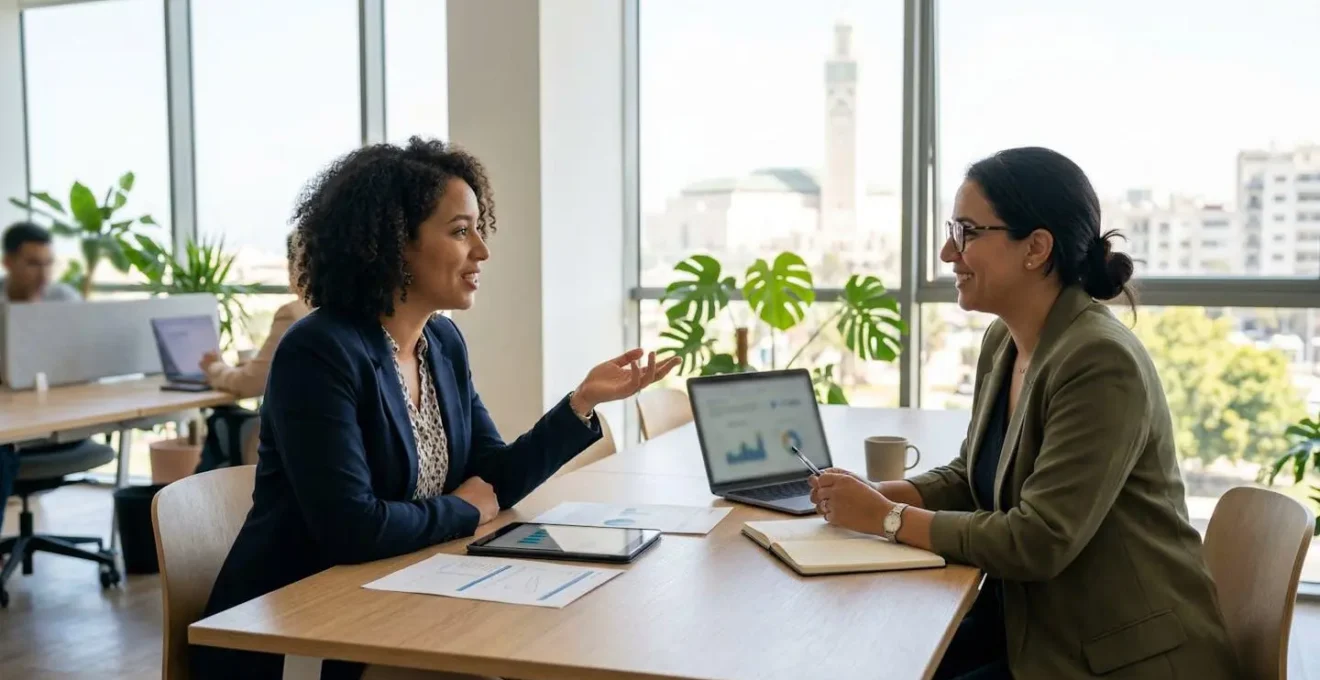 Deux professionnels des ressources humaines vus de profil discutent autour d'une table de travail dans un bureau moderne de Casablanca