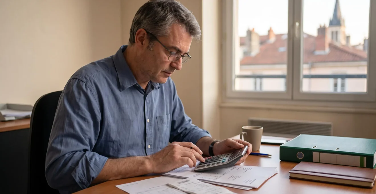 Un gestionnaire vérifie des factures de formation à la calculatrice, assis à son bureau en fin de journée.