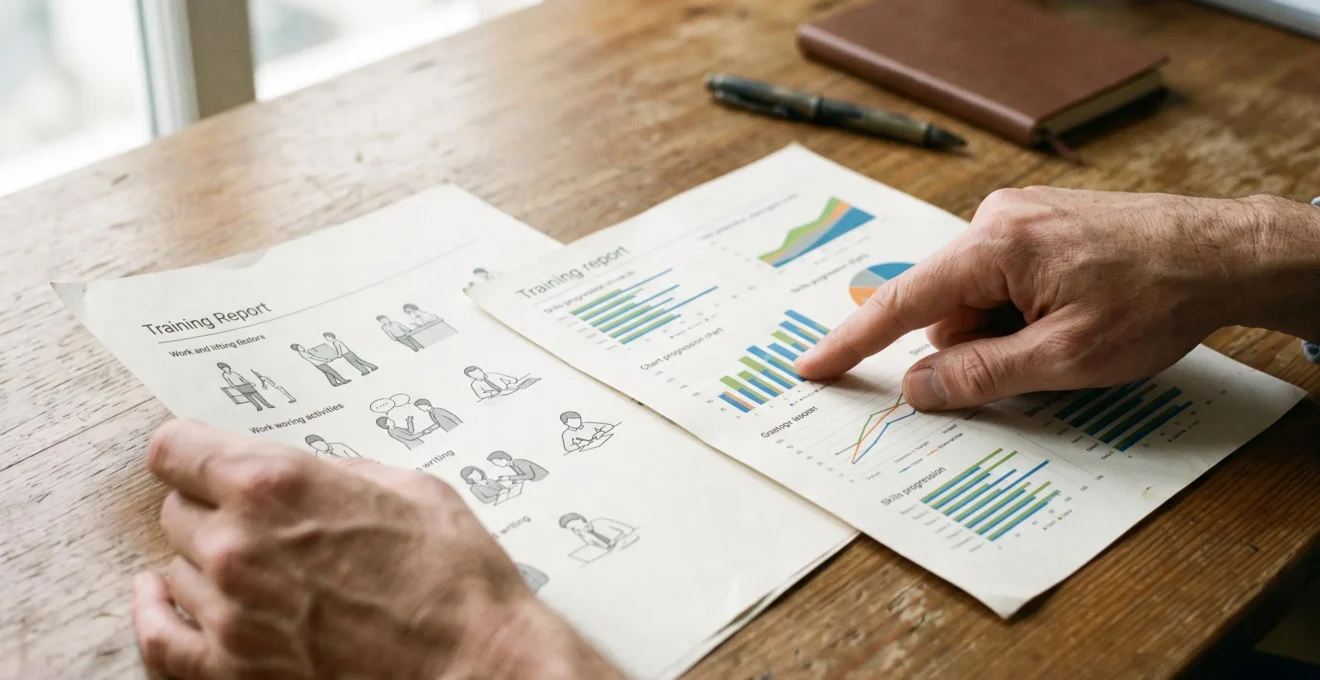 Des mains comparent deux pages imprimées de rapports formation avec des graphiques, posées sur un bureau en bois.