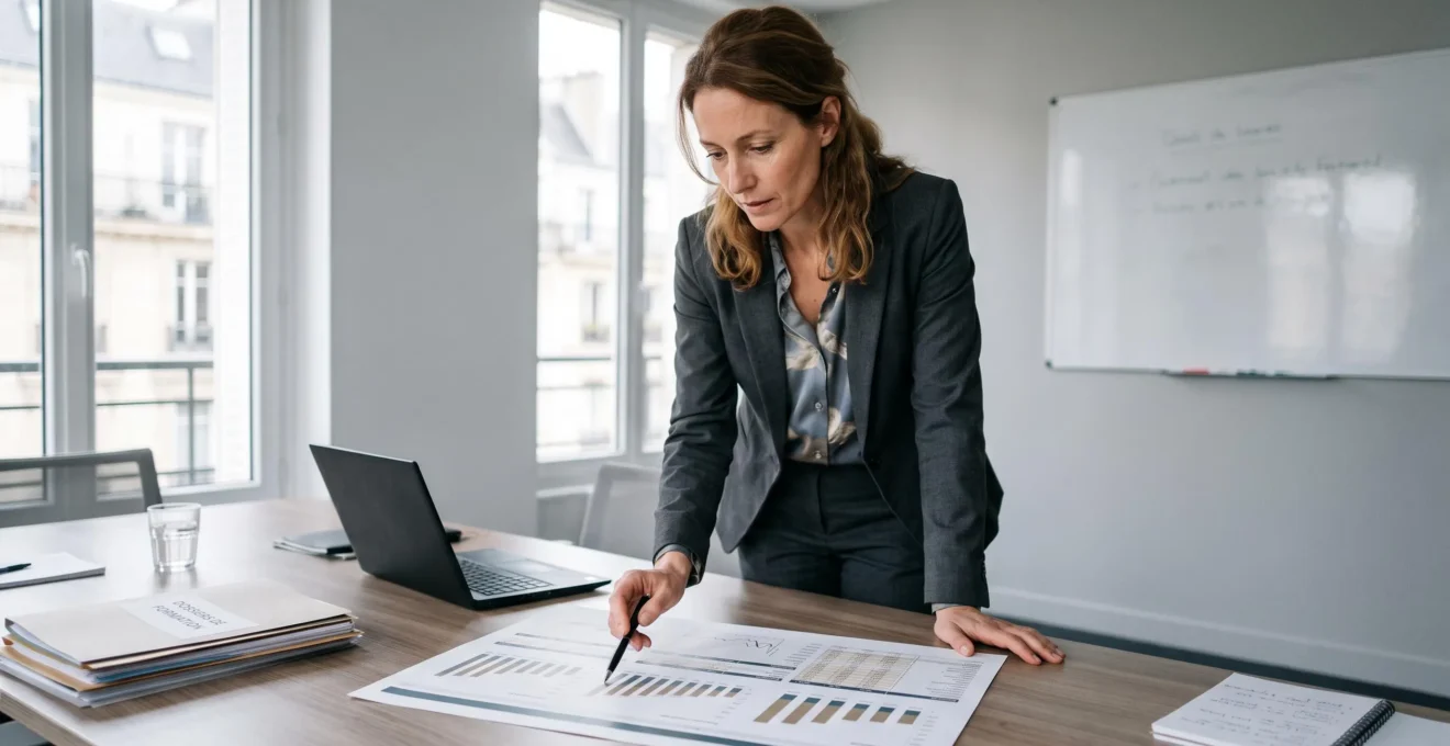 Une responsable formation examine un tableau de bord imprimé présentant des graphiques, dans une salle de réunion d'entreprise.