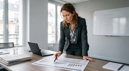 Une responsable formation examine un tableau de bord imprimé présentant des graphiques, dans une salle de réunion d'entreprise.
