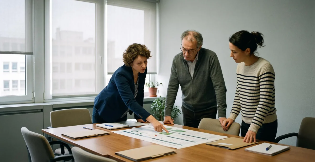 Trois professionnels discutent autour d'un tableau de bord formation imprimé posé sur une table de réunion.